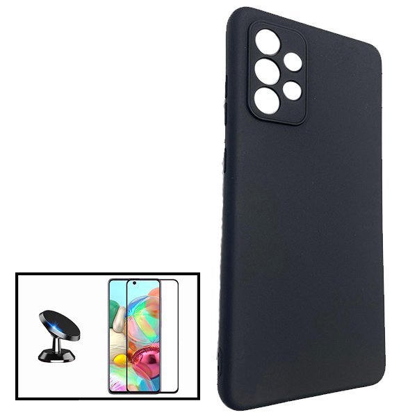 Kit Vidro Premium Full Cover + Capa Silicone Líquido + Suporte Magnético de Carro para Samsung Galaxy A72 - Preto
