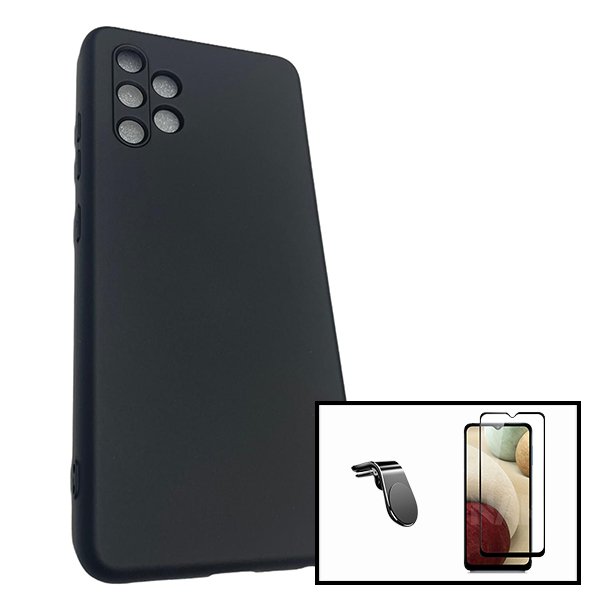 Kit Vidro Premium Full Cover + Capa Silicone Líquido + Suporte Magnético L Safe Driving Carro para Samsung Galaxy A32 - Preto