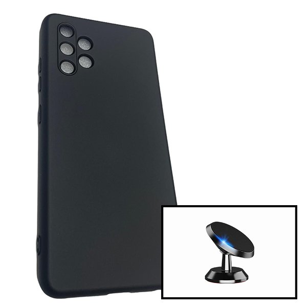 Kit Suporte Magnético de Carro + Capa Silicone Líquido para Samsung Galaxy A32 5G - Preto