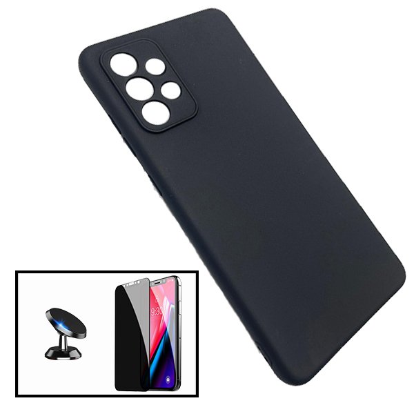 Kit Película de Vidro 5D Anti-Spy + Capa Silicone Líquido + Suporte Magnético de Carro para Samsung Galaxy A32