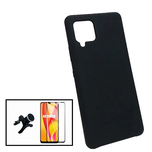 Kit Vidro Premium Full Cover + Capa Silicone Líquido + Suporte Magnético de Carro Reforçado para Samsung Galaxy M42 5G