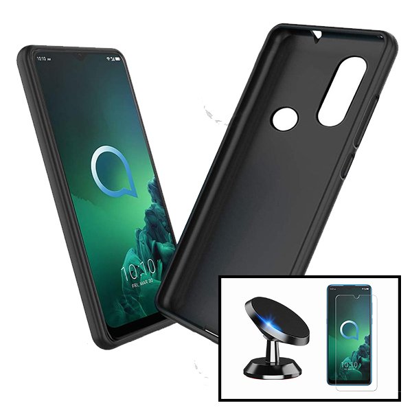 Kit Vidro Premium Full Cover + Capa Silicone Líquido + Suporte Magnético de Carro para Alcatel 1Se (2020)