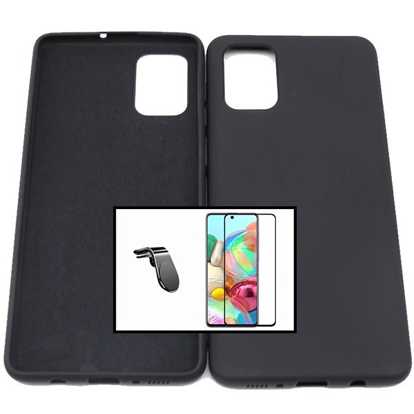 Kit Vidro Premium Full Cover + Capa Silicone Líquido + Suporte Magnético L Safe Driving Carro para Samsung Galaxy A21s - Preto