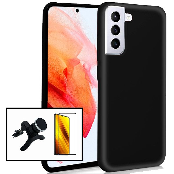 Kit Vidro Premium Full Cover + Capa Silicone Líquido + Suporte Magnético de Carro Reforçado para Samsung Galaxy S21 - Preto