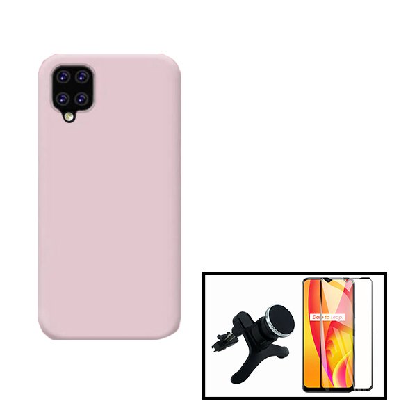 Kit Vidro Premium Full Cover + Capa Silicone Líquido + Suporte Magnético de Carro Reforçado para Samsung Galaxy A12 - Rosa