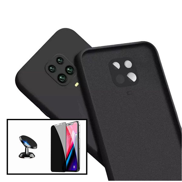 Kit Película de Vidro 5D Anti-Spy + Capa Silicone Líquido + Suporte Magnético de Carro para Xiaomi Redmi Note 10 Lite