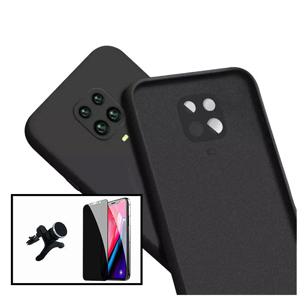 Kit Película de Vidro 5D Anti-Spy + Capa Silicone Líquido + Suporte Magnético de Carro Reforçado para Xiaomi Redmi Note 10 Lite