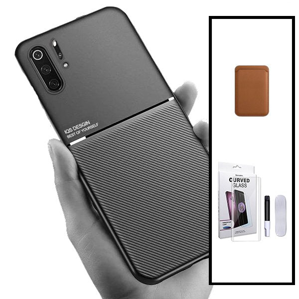 Kit Capa Magnetic Lux + Magnetic Wallet Castanho + Película de Vidro Nano Curved UV para Huawei P30 Pro New Edition