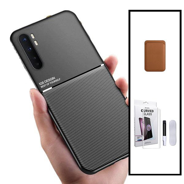 Kit Capa Magnetic Lux + Magnetic Wallet Castanho + Película de Vidro Nano Curved UV para Xiaomi Mi Note 10 Lite