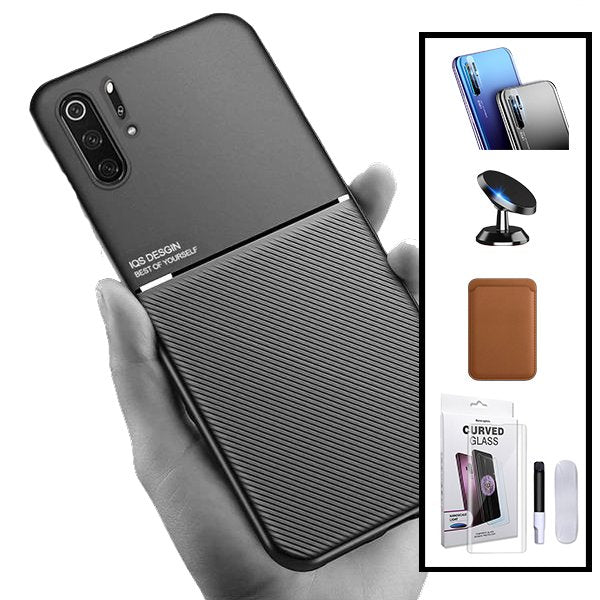 Kit Capa Magnetic Lux + Magnetic Wallet Castanho + Película de Vidro Nano Curved UV + Película de Câmara Traseira + Suporte Magnético de Carro para Huawei P30 Pro