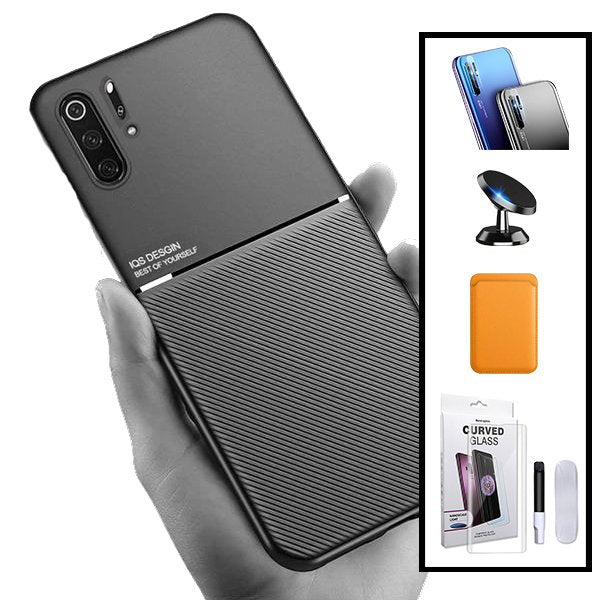 Kit Capa Magnetic Lux + Magnetic Wallet Laranja + Película de Vidro Nano Curved UV + Película de Câmara Traseira + Suporte Magnético de Carro para Huawei P30 Pro New Edition