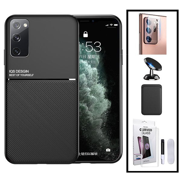 Kit Capa Magnetic Lux + Magnetic Wallet Preto + Película de Vidro Nano Curved UV + Película de Câmara Traseira + Suporte Magnético de Carro para Samsung Galaxy S20+
