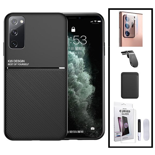 Kit Capa Magnetic Lux + Magnetic Wallet Preto + Película de Vidro Nano Curved UV + Película de Câmara Traseira + Suporte Magnético L Safe Driving para Samsung Galaxy Note 20