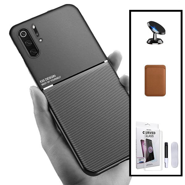Kit Capa Magnetic Lux + Magnetic Wallet Castanho + Película de Vidro Nano Curved UV + Suporte Magnético de Carro para Huawei P30 Pro