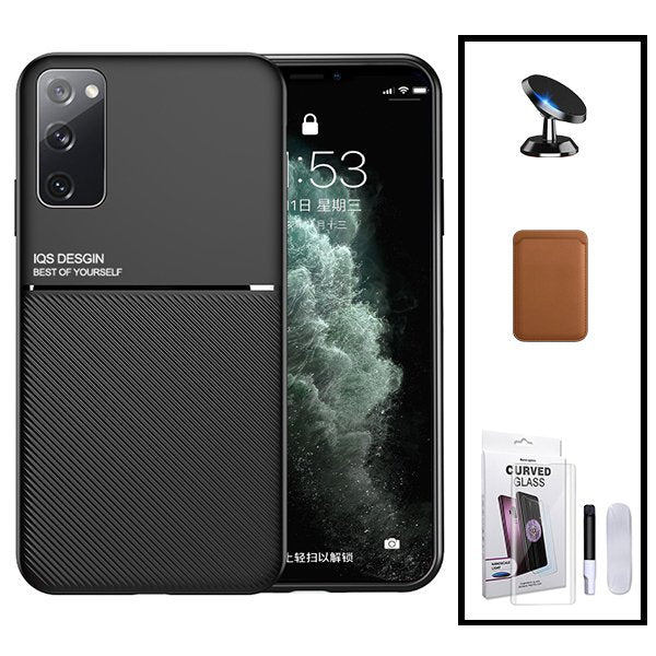 Kit Capa Magnetic Lux + Magnetic Wallet Castanho + Película de Vidro Nano Curved UV + Suporte Magnético de Carro para Samsung Galaxy S20+ 5G