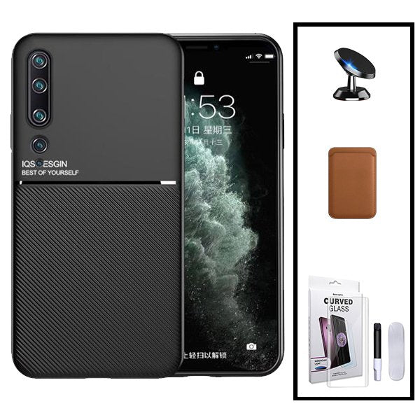 Kit Capa Magnetic Lux + Magnetic Wallet Castanho + Película de Vidro Nano Curved UV + Suporte Magnético de Carro para Xiaomi Mi Note 10
