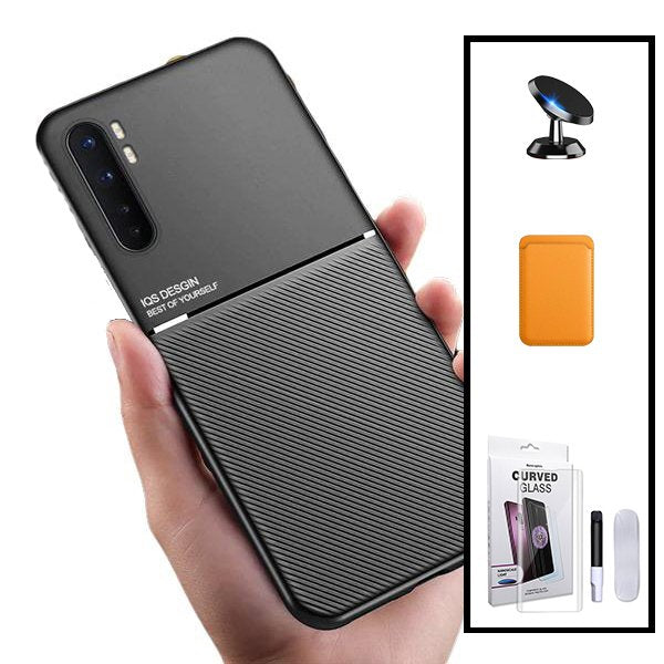 Kit Capa Magnetic Lux + Magnetic Wallet Laranja + Película de Vidro Nano Curved UV + Suporte Magnético de Carro para Xiaomi Mi Note 10 Lite
