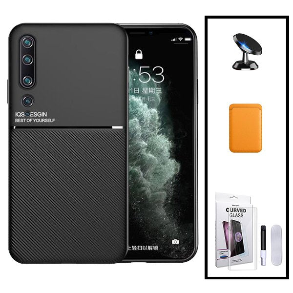 Kit Capa Magnetic Lux + Magnetic Wallet Laranja + Película de Vidro Nano Curved UV + Suporte Magnético de Carro para Xiaomi Mi Note 10