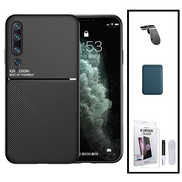 Kit Capa Magnetic Lux + Magnetic Wallet Azul + Película de Vidro Nano Curved UV + Suporte Magnético L Safe Driving para Xiaomi Mi 10 5G
