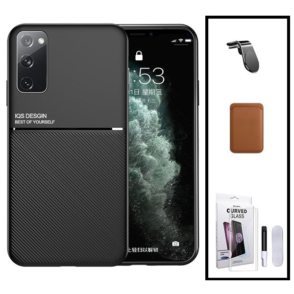 Kit Capa Magnetic Lux + Magnetic Wallet Castanho + Película de Vidro Nano Curved UV + Suporte Magnético L Safe Driving para Samsung Galaxy S20+