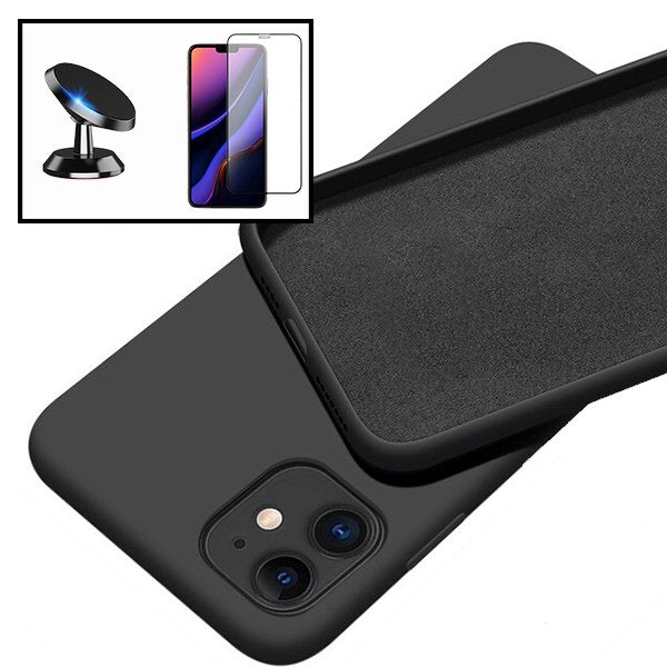 Kit Vidro Premium Full Cover + Capa Silicone Líquido + Suporte Magnético de Carro para Apple iPhone 13 Mini