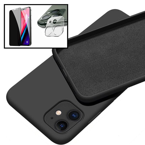 Kit Película de Vidro 5D Anti-Spy + Película de Câmara Traseira + Capa Silicone Líquido para Apple iPhone 12 Pro