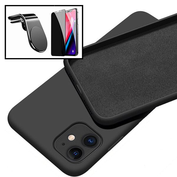 Kit Película de Vidro 5D Anti-Spy + Capa Silicone Líquido + Suporte Magnético L Safe Driving Carro para Apple iPhone 12 Pro Max - Preto