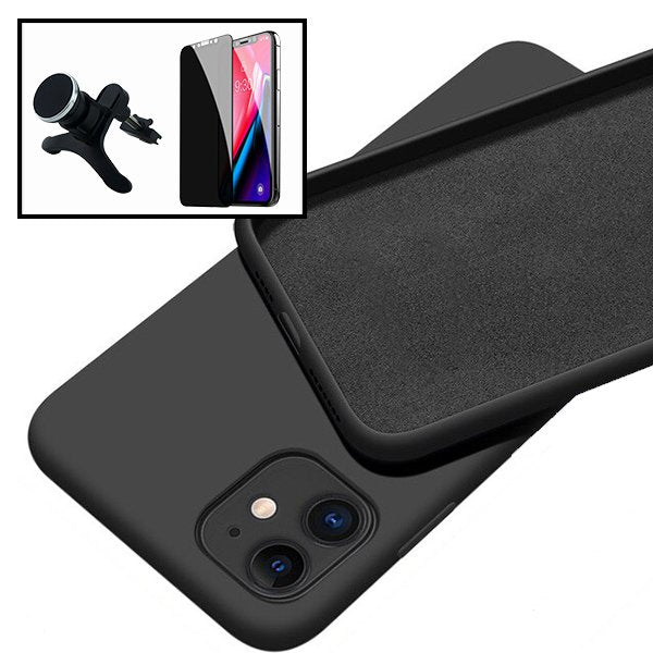 Kit Película de Vidro 5D Anti-Spy + Capa Silicone Líquido + Suporte Magnético de Carro Reforçado para Apple iPhone 13