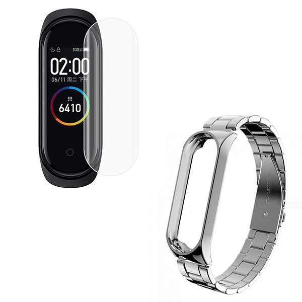 Kit Bracelete Aço Stainless Lux + Ferramenta + Película Protectora Ecrã Gel Full Cover para Xiaomi Mi Band 5 - Cinza