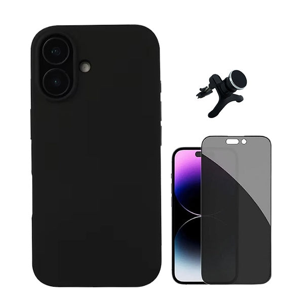 Kit Película de Vidro 5d Anti-Spy + Capa Silicone Líquido + Suporte Magnético de Carro Reforçado para Apple iPhone 16 - Preto