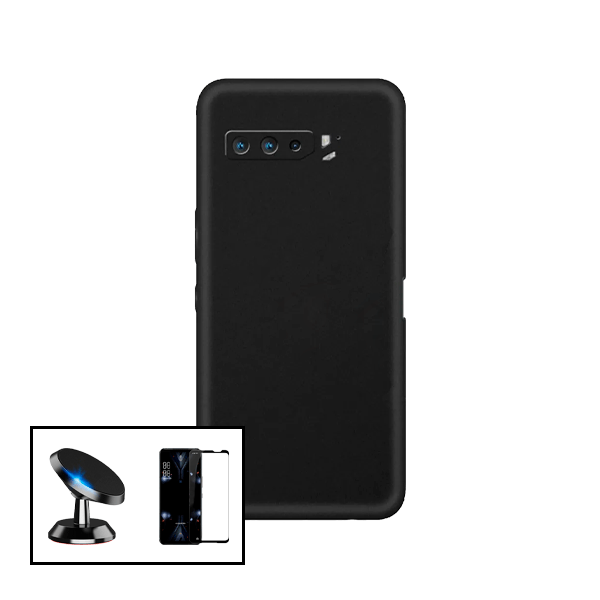 Kit Vidro Premium Full Cover + Capa Silicone Líquido + Suporte Magnético de Carro para Asus ROG Phone 5s Pro