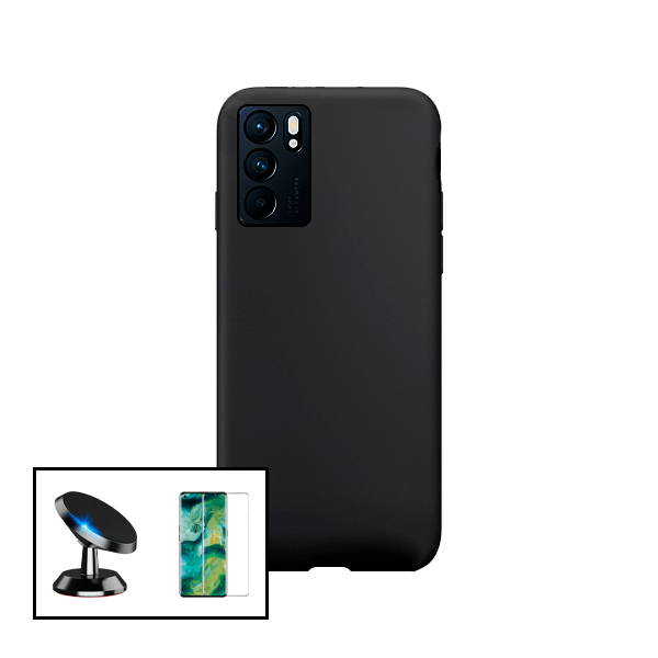 Kit Vidro Premium Full Cover + Capa Silicone Líquido + Suporte Magnético de Carro para Oppo Reno6 5G