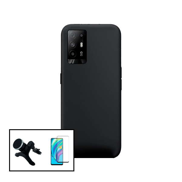 Kit Vidro Premium Full Cover + Capa Silicone Líquido + Suporte Magnético de Carro Reforçado para Oppo F19 Pro+ 5G