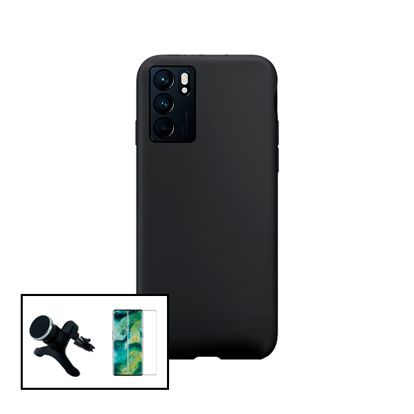 Kit Vidro Premium Full Cover + Capa Silicone Líquido + Suporte Magnético de Carro Reforçado para Oppo Reno6 Pro 5G