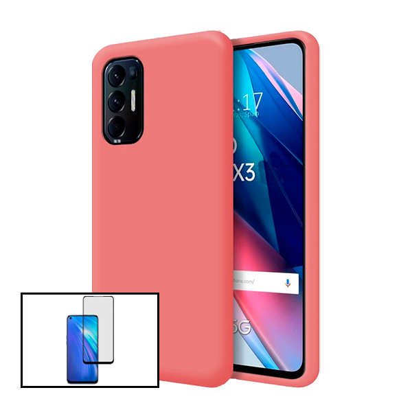 Kit Vidro Premium Full Cover + Capa Silicone Líquido para Oppo Reno5 Pro+ 5G - Rosa