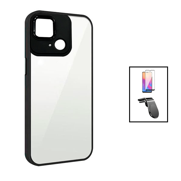 Kit AluminArmor Airbag Protection + Película 5D Full Cover + Suporte Magnético L Safe Driving para Xiaomi Redmi 10C - Transparente/Preto