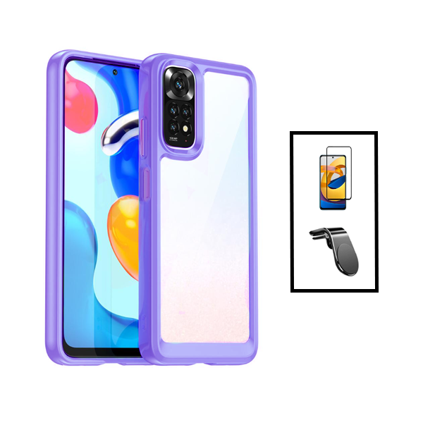 Kit AluminArmor Airbag Protection + Película 5D Full Cover + Suporte Magnético L Safe Driving para Xiaomi Redmi Note 11 - Transparente/ Lilás