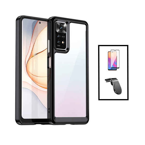 Kit AluminArmor Airbag Protection + Película 5D Full Cover + Suporte Magnético L Safe Driving para Xiaomi Redmi Note 11 - Transparente/Preto