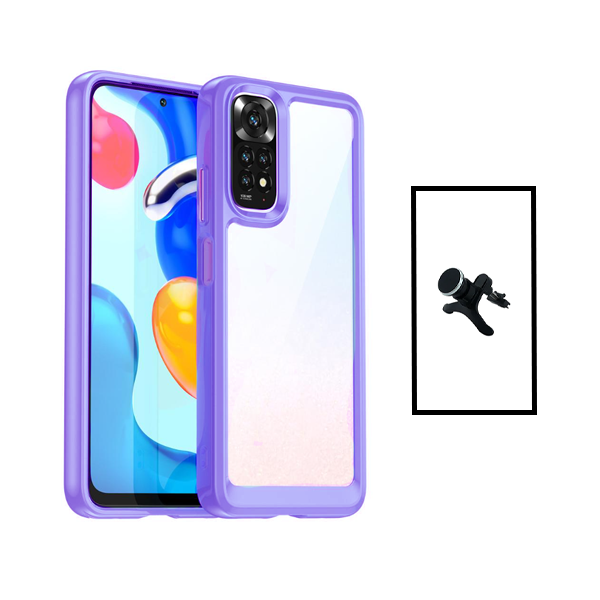 Kit AluminArmor Airbag Protection + Suporte Magnético de Carro Reforçado para Xiaomi Redmi Note 11 - Transparente/ Lilás