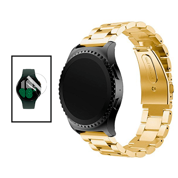 Kit Bracelete Aço Stainless Lux + Ferramenta + Película de Gel Full Cover para Xiaomi Watch S1 - Ouro / Transparente