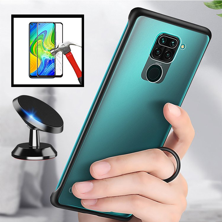 Kit Vidro Premium Full Cover + Capa Invisible Bumper + Suporte Magnético de Carro para Xiaomi Redmi Note 9