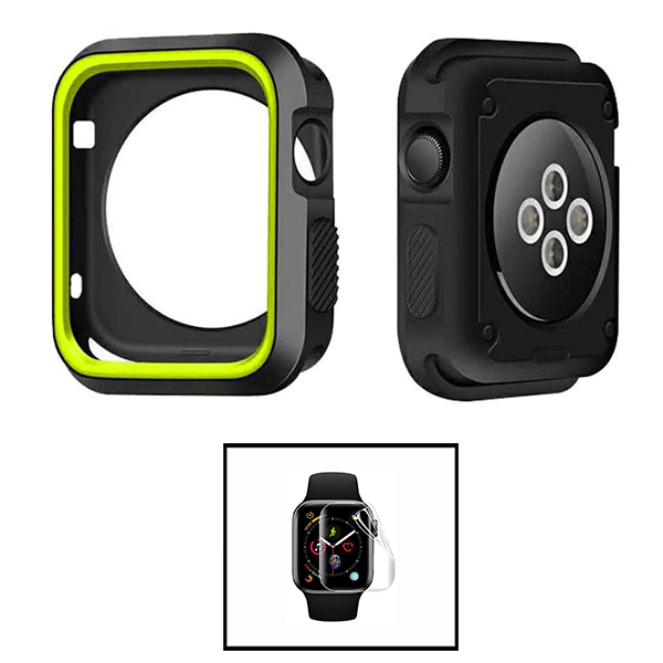 Kit Capa Military DoubleColor + Película de Hydrogel para Apple Watch Series 3 - 38mm - Preto / Verde Fluorescente