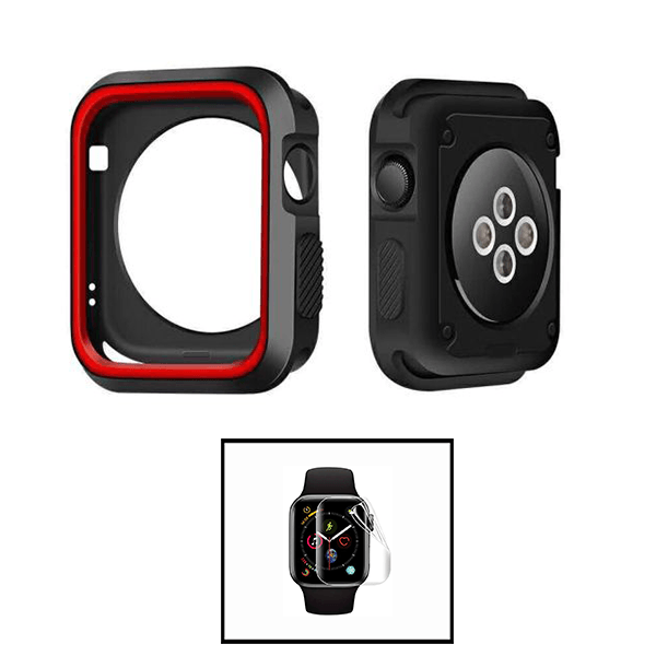Kit Capa Military DoubleColor + Película de Hydrogel para Apple Watch SE 3 - 44mm - Preto / Vermelho