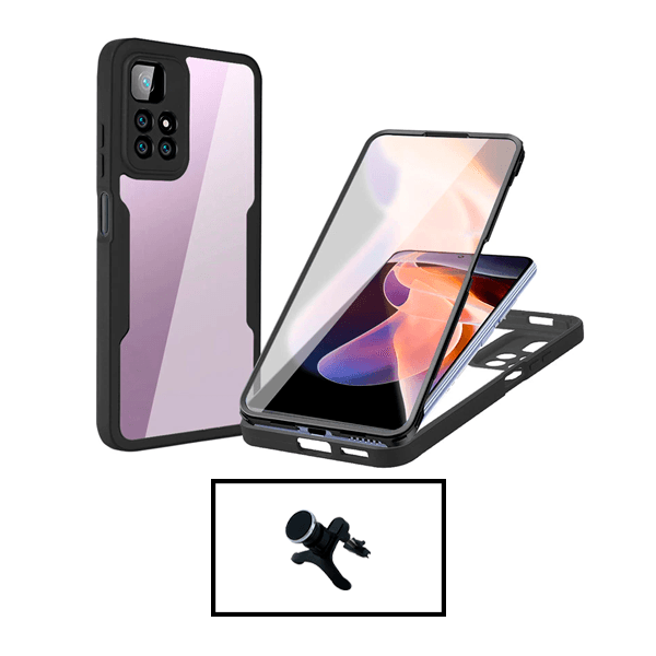 Kit Capa Anti-Crash 360 Protection + Suporte Magnético de Carro Reforçado para Xiaomi Redmi Note 11 - Preto