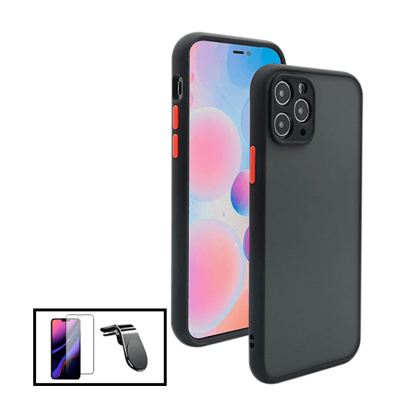 Kit Capa Anti Choque Camera Protection + Película 5D Full Cover + Suporte Magnético L Safe Driving Carro para Apple iPhone 13 Pro Max - Preto