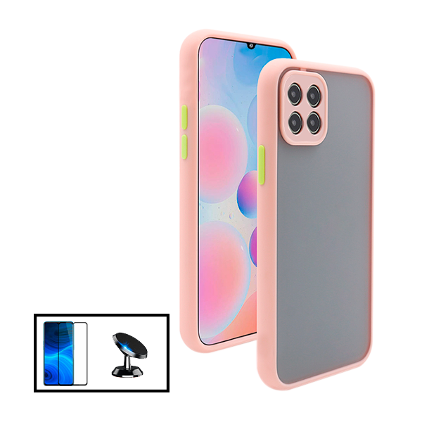Kit Capa Anti Choque Camera Protection + Película 5D Full Cover + Suporte Magnético de Carro para Samsung Galaxy A22 5G - Rosa