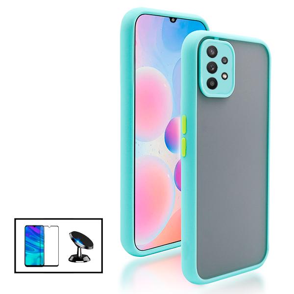 Kit Capa Anti Choque Camera Protection + Película 5D Full Cover + Suporte Magnético de Carro para Samsung Galaxy A32 5G - Azul Claro