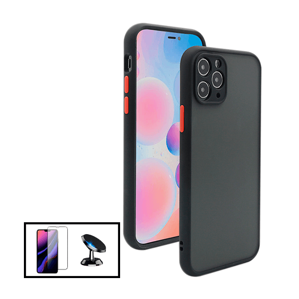 Kit Capa Anti Choque Camera Protection + Película 5D Full Cover + Suporte Magnético de Carro para Apple iPhone 13 Pro Max - Preto
