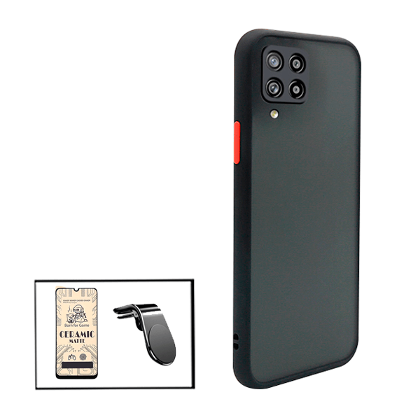Kit Capa Anti Choque Camera Protection + Película CeramicGlass + Suporte Magnético L Safe Driving Carro para Samsung Galaxy M12 - Preto