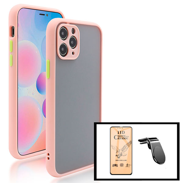 Kit Capa Anti Choque Camera Protection + Película CeramicGlass + Suporte Magnético L Safe Driving Carro para Apple iPhone 13 - Rosa